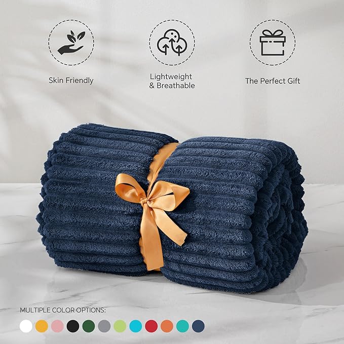 BEDELITE Fleece Throw Blanket for Couch – 3D Ribbed Jacquard Soft and Warm Decorative Fuzzy Blanket – Cozy, Fluffy, Plush Lightweight Navy Blue Throw Blankets for Bed, Sofa, 50x60 inches