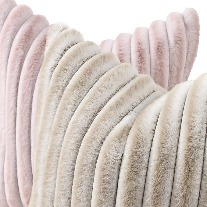 decorUhome Summer Cozy Faux Fur Throw Pillow Covers 26x26 Set of 2 Decorative Plush Striped Modern Farmhouse Boho Couch Euro Sham Pillow Cases with Velvet Back for Sofa Bed Living Room, Beige White