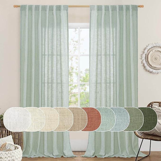 LAMIT Living Room Linen Curtains - 90 Inch, Back Tab & Rod Pocket, Light Filtering, Burlap Textured Sheer Curtains for Farmhouse, 2 Panels, 52 x 90 Inch, Light Sage