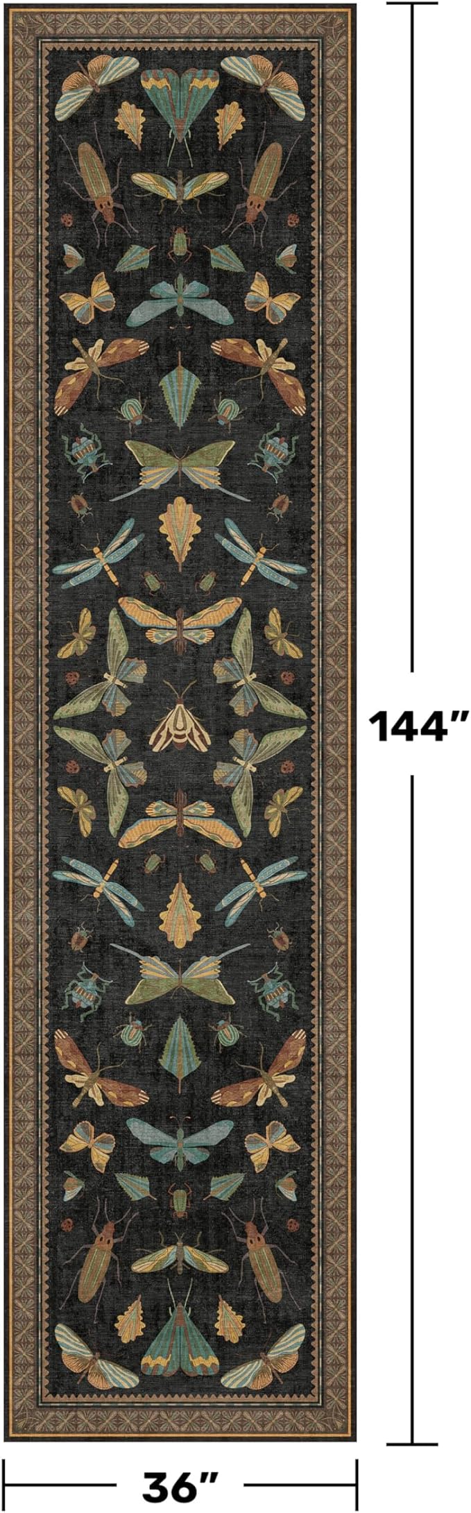 Green and Black 3x12 Long Runner Rugs for Hallway - Boho Door Rugs for Entryway Indoor Washable, 12ft Nature Insect Stain Resistant Kitchen Carpet, Low Pile & Soft Indoor Décor