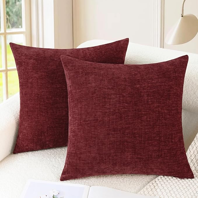 CaliTime Christmas Throw Pillow Covers Decorative 20 X 20 Inches Pack of 2 Cozy Chenille Cushion Cases for Couch Sofa Bed Living Room Home Burgundy
