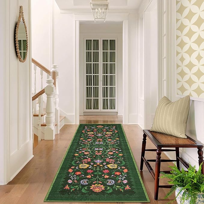 GarveeHome Floral Rug 2.5x10 Runners for Hallways, Boho Kitchen Runner Rugs Non Slip Bath Runners, Vintage Washable Runner Rug for Bedroom, Soft Long Rugs for Entryway Bathroom Laundry Dorm, Green
