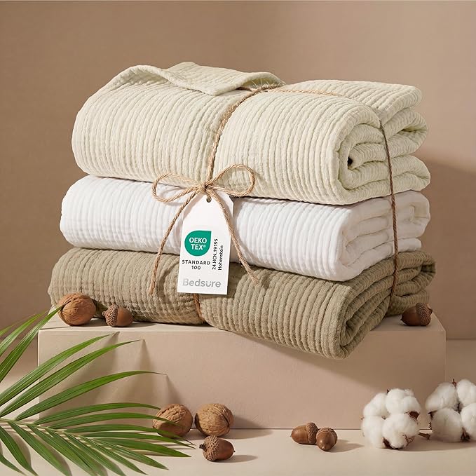 Bedsure 100% Cotton Muslin Blanket Queen Size for Bed - 4-Layer Breathable and Lightweight Thin Soft Summer Gauze Muslin Blankets for Adults, Light Brown, 90x90 Inches