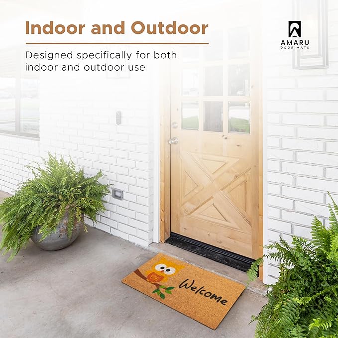Owl - 17"x29" - Coir Door Mat with Heavy Duty Backing - Welcome Mats for Entryway, Porch - Anti-Slip PVC & Coconut Fiber Surface - Natural Home Accessories, Minimalist Original Design