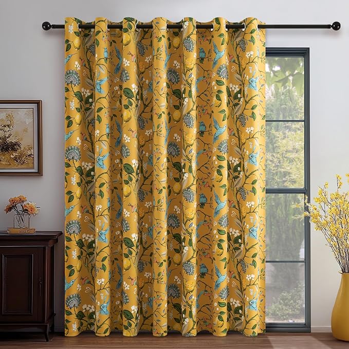 Topfinel Sliding Door Patio Floral Curtains & Drapes, Blackout Extra Wide Room Divider Large Mustard Yellow Vintage Farmhouse Country Hummingbird Patterned Grommet Curtains 1 Single Panels W100 x L84
