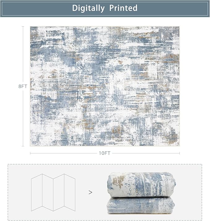 Washable Rugs 8x10 Area Rugs for Living Room,Modern Abstract Rugs for Bedroom,Large Carpets,Ultra Soft Faux Wool Dining Room Rug,Non Slip Low Pile Print Rug- Blue- (White-Reddish Brown)