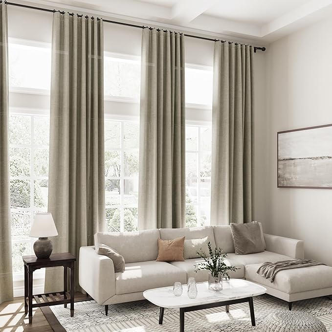 Mocha Linen Curtains 120 Inch Extra Long for Living Room Back Tab Light Filtering Semi Sheer Drapes Modern Farmhouse Boho Decor Cotton Textured Curtain for Floor to Ceiling High Window 52x120