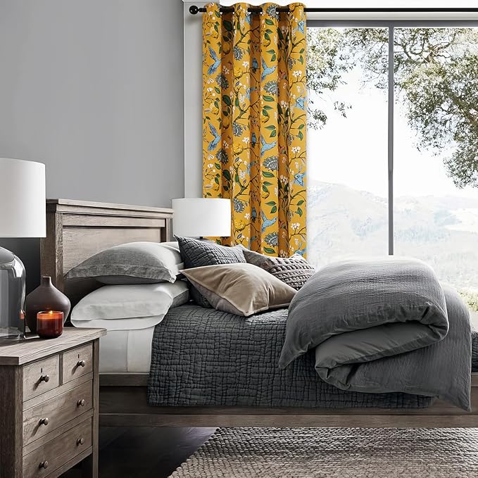 94 Inches Long Custom Satin Window Treatments,Retro Art Deco Floral Hummingbird Patterned Pretty Elegant Mustard Yellow Light Blocking Grommet Curtains Two Pages Curtains for Bedroom Playroom Room