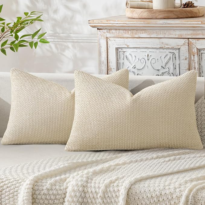 MIULEE Pack of 2 Lumbar Couch Throw Pillow Covers 20x12 Inch Neutral Cream Modern Boho Accent Decorative Pillow Covers Soft Chenille Farmhouse Cushion Covers for Home Decor Bed Sofa Living Room