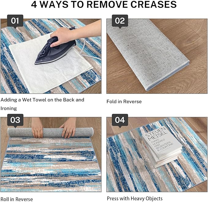 Lansny Modern Abstract Runner Rug 2.6x18, Blue Washable Long Kitchen Runner Non-Slip Soft Hallway Rug Runner Thin Print Faux Wool Carpet for Entryway Bedroom Laundry Room Indoor Home Decor