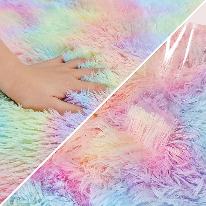 Fluffy Rainbow Colorful Area Rug for Living Room 5x8 Kawaii Tie Dye Rug Fuzzy Indoor Floor Unicorn Rug for Bedroom Girls Kids Nursery Baby Princess Room Dorm Home Decor Aesthetic Carpets