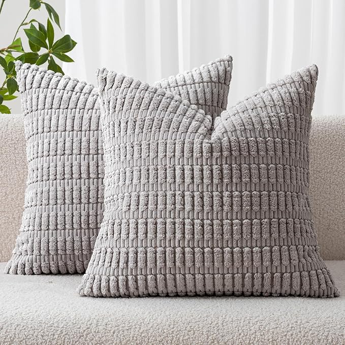 MIULEE Pack of 2 Corduroy Decorative Throw Pillow Covers 12x12 Inch Soft Boho Striped Pillow Covers Modern Farmhouse Home Decor for Sofa Living Room Couch Bed Light Grey
