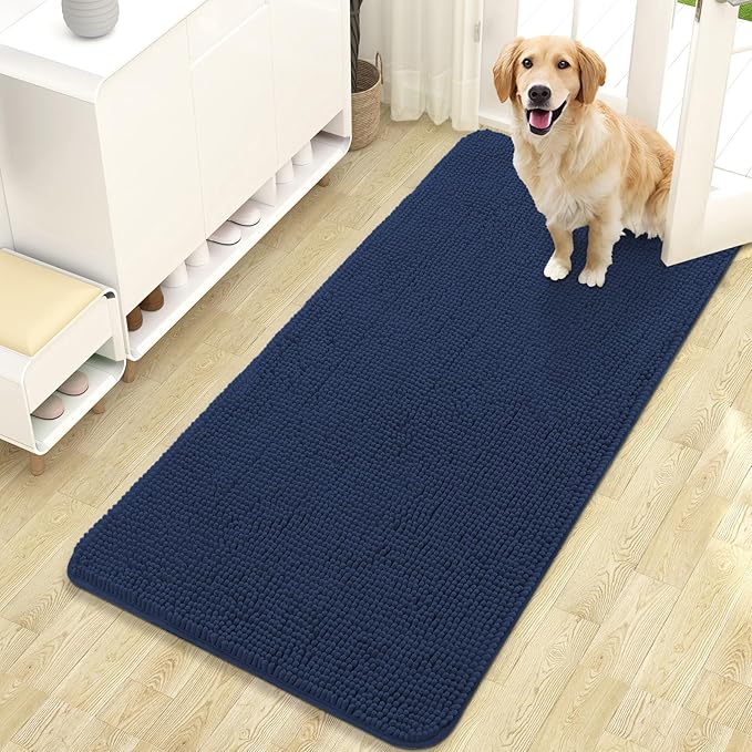 OLANLY Dog Door Mat for Muddy Paws 47x24, Absorbs Moisture and Dirt, Absorbent Non-Slip Washable Doormat, Quick Dry Chenille Mud Mat for Dogs, Entry Indoor Entryway Carpet for Inside Floor, Dark Blue