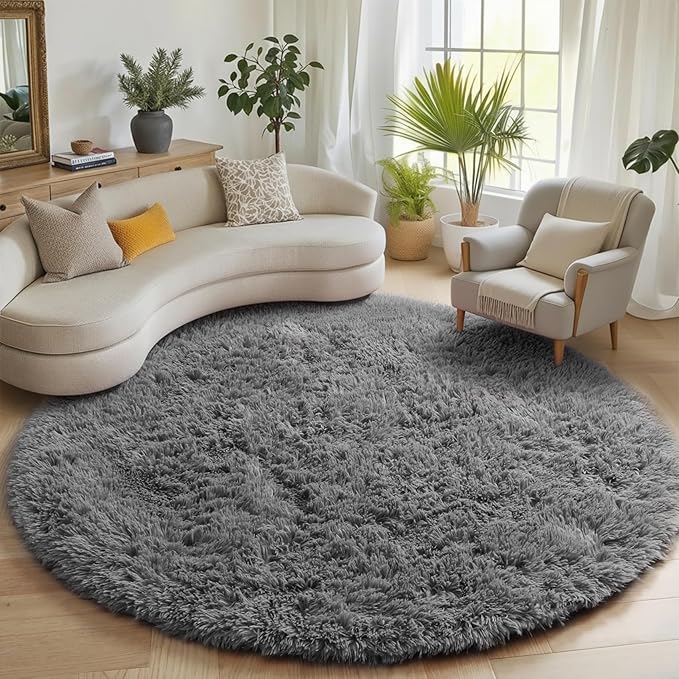ONASAR Grey Round Area Rugs 6ft, Fluffy Gray Soft Bedroom Circle Rug for Kids Girls Boys Teen Room, Fuzzy Plush Shaggy Floor Carpet Mats for Dorm Nursery Living Room Playroom Home Office Decor