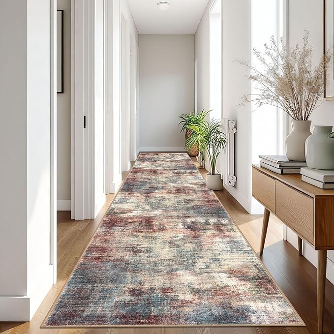 IOHOUZE Abstract Runner Rug 3x16 Ft Washable Runners for Hallways, Non Slip Kitchen Runner Printed Faux Wool Entryway Runner Indoor, Modern Abstract Floor Carpet for Hall Stair, Red/Multi