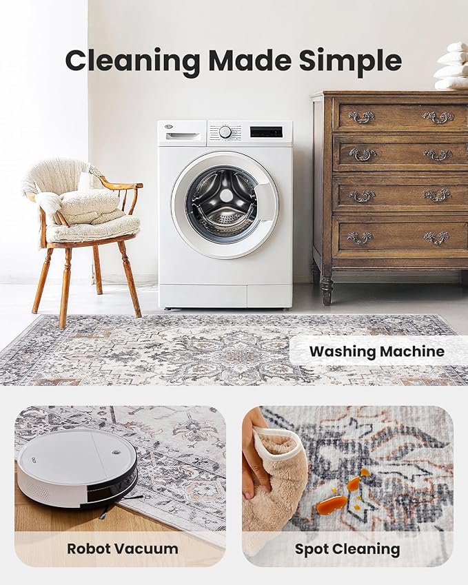 AMADA HOMEFURNISHING 9x12 Washable Area Rug, Low-Profile Large Area Rug with Non-Slip Backing & Durable Edge Binding, Vintage Large Rugs for Living Room, Bedroom & Dinning Room