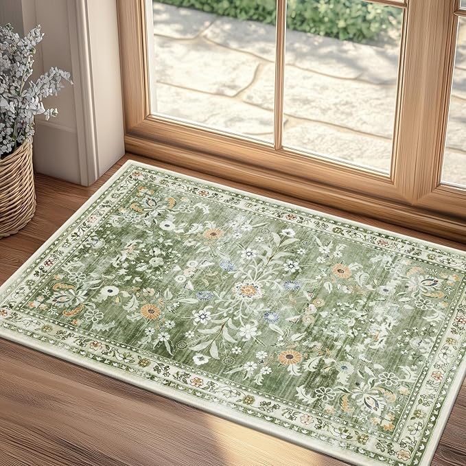 Yamaziot Washable Runner Rug 2x3 – Floral Non Slip Small Entryway Rug with Rubber Backing, Low Pile Faux Wool Distressed Carpet for Indoor Door Mat, Kitchen, Laundry Entrance, Green