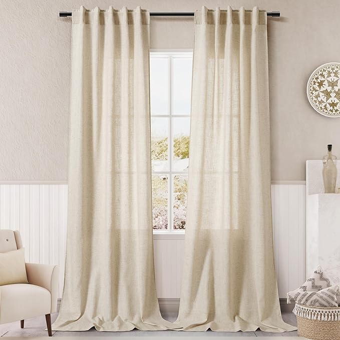 Extra Long Curtain 38x108 inches Long 2 Panels Set Back Tab Beige Linen Drapes for Living Room Neutral Farmhouse Light Filtering Semi Sheer Linen Curtains 108 inch Length for Large Window 9 FT Tall