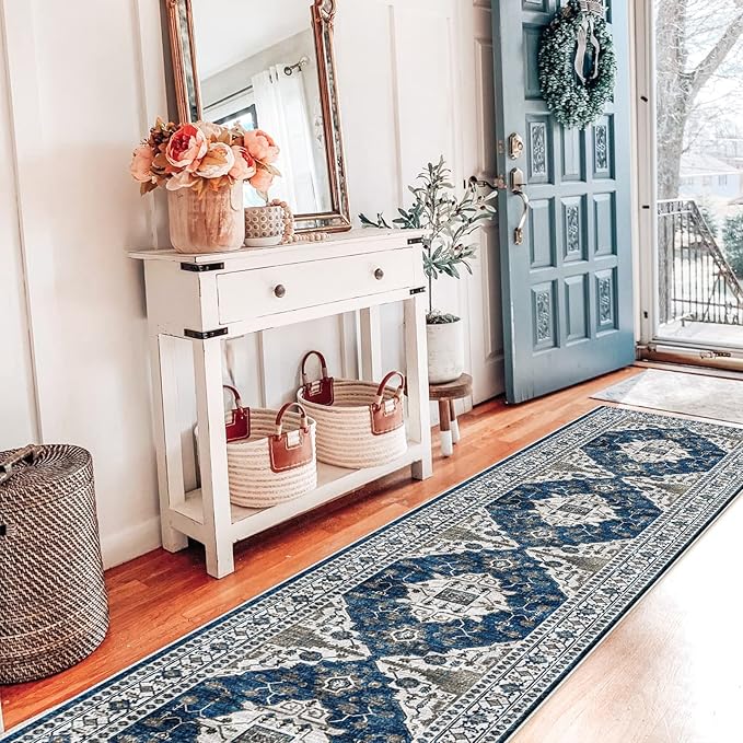 Hallway Washable Runner Rug - 2x10 Kitchen Rugs Entryway Rug Runner Vintage Soft Floor Mat Non Slip Indoor Farmhouse Carpet for Bathroom Living Room Bedroom (2 X 10, Blue)