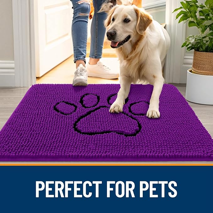 OLANLY Dog Door Mat for Muddy Paws 30x20, Paw Print Design, Absorbs Moisture and Dirt, Absorbent Non-Slip Washable Doormat, Quick Dry Chenille Mud Mat for Dogs, Entry Indoor Entryway Carpet, Purple