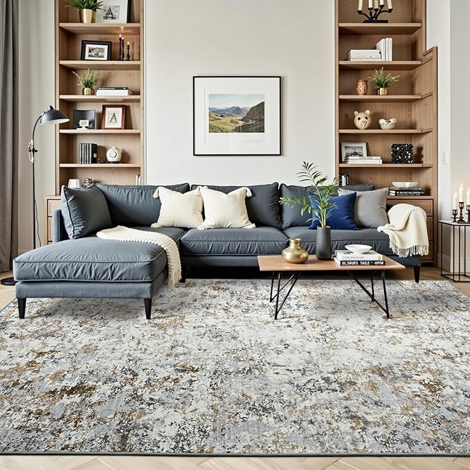 Toneed Abstract Area Rug Modern Washable Rug Soft Non Slip Rug Low Pile for Bedroom Living Room Dining Room Brown/Grey 4x6 Feet