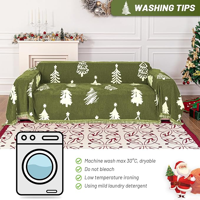 MYSKY HOME 71X134 inches Sofa Christmas Couch Cover, Sectional Sofa Covers Sofa Slipcover for 3 Cushion Couch, L Shape Couch Covers for Dogs, Washable Sofa Blanket, Furniture Protector, Green