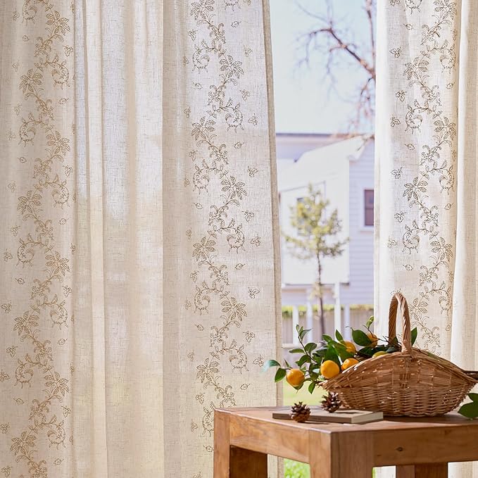 jinchan Evelyn Embroidered Linen Curtains 63 inch Floral Curtains for Living Room Bedroom Farmhouse Cottagecore Semi Sheer Light Filtering Window Drapes Rod Pocket Back Tab 2 Panels W50 x L63 Beige