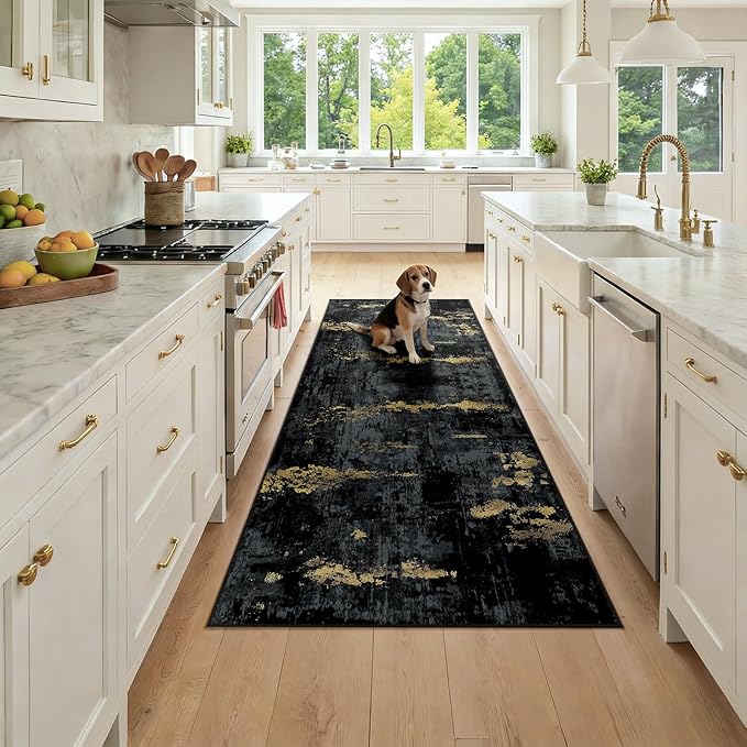 Washable Area Rugs 3x7 Non-Slip Modern Abstract Soft for Living Room Entryway Bedroom Nursery, Print Pattern, Dark Black Gold