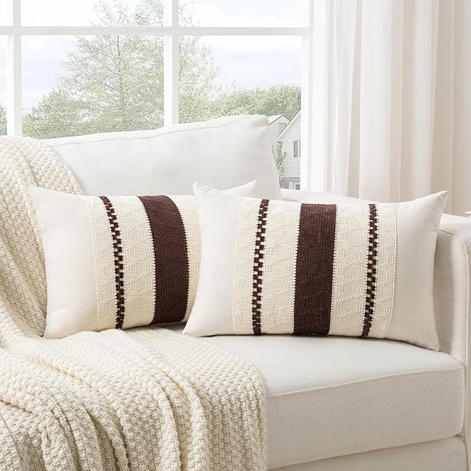 Fancy Homi Set of 1 Boho Brown Lumbar Decorative Throw Pillow Cover 12x20 Inch for Couch Bed Sofa Chair, Modern Organic Farmhouse Home Decor, Soft Cotton Cute Accent Rectangle Cushion Case