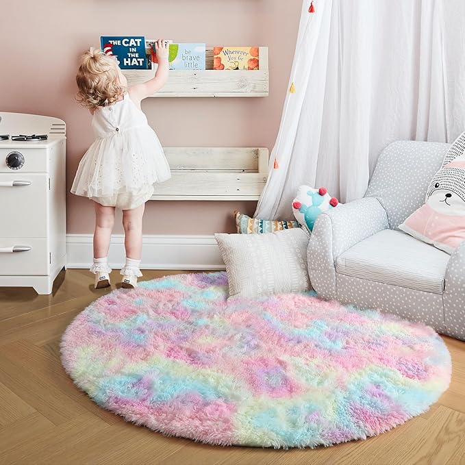 Amdrebio Rainbow Fluffy Small Round Rug 3Ft Kids Rugs for Girls Bedroom, Unicorn Room Decor, Colorful Pastel Shag Carpet for Dorm, Soft Cute Fuzzy Kawaii Circle Area Rugs for Baby Nursery, Playroom