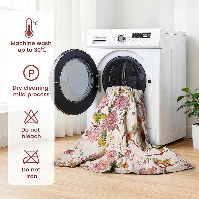 MSGKV The Boho Layer: 60"x80" Cotton Throw Blanket – Full Size for Couch Snuggles, Twin Bed Topper | Lightweight & Breathable Reversible Chinoiserie Floral & Bird Pattern, Decorative Accent