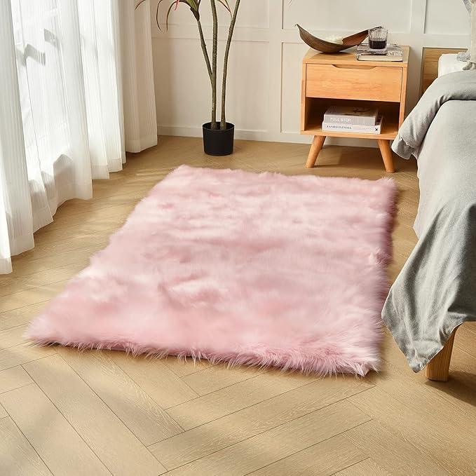 duduta Pink Faux Sheepskin Fur Rug 3x5 ft, Fluffy Shag Girls Bedroom Dorm Nursery Playroom Carpet Rug Non Slip Washable