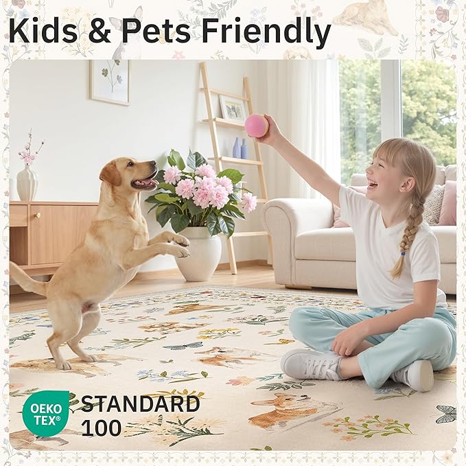 Soalmost Dog 8x10 Area Rugs for Living Room, Machine Washable Animal Floral Vintage Rug Non-Slip Low Pile Soft Throw Large Rugs for Bedroom Dining Room Kitchen Nursery Playroom (8 x 10,Beige)