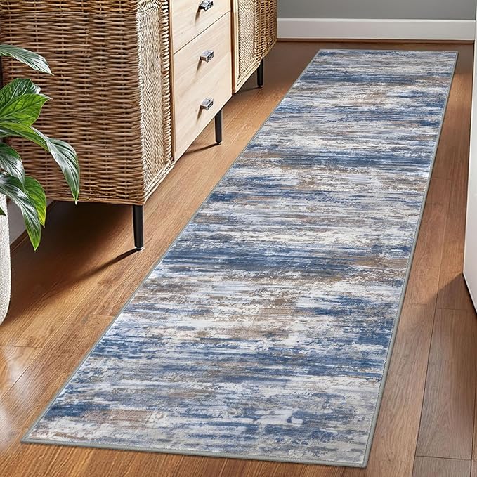 KOZYFLY Modern Abstract Washable Rug Runner 2x7 Hallway Runner Rug Non-Slip Soft Kitchen Runner Rugs, Print Blue Rust Striped Carpet Runner for Entryway Bathroom Laundry Room Foyer