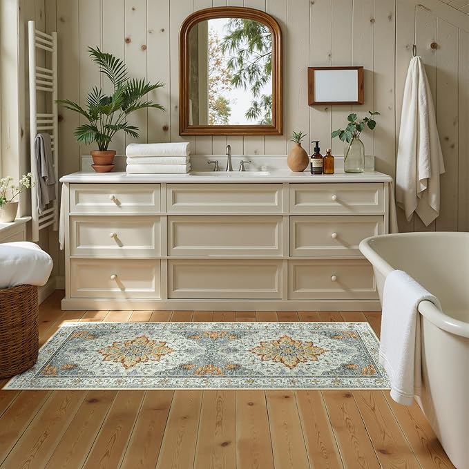 RELEANY Area Rugs 2'x5' Runner Rug Non Slip Washable for Kitchen Hallway Bedroom Beside Laundry Room Bathroom Rug, Floor Carpet, Light Yellow Carbon Grey Orange