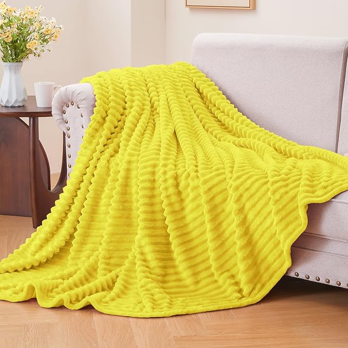 BEDELITE Fleece Blanket Twin Size – 3D Ribbed Jacquard Soft and Warm Decorative Fuzzy Blankets – Cozy, Fluffy, Plush Lightweight Throw Blankets for Couch, Bed, Sofa(Yellow, 60x80 inches)