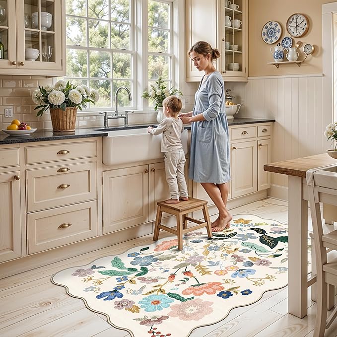 Washable 3x5 Entryway Area Rugs: Ultra Soft Floral Carpet for Kitchen Nursery Indoor Light-Weight Doormat Anti-Slip Elegance Rug for Living Room Bedroom Small Foldable Vintage Floor Mat(3x5,Cream)
