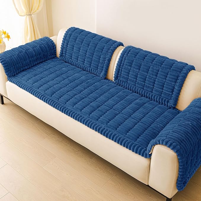 hyha Couch Covers for Dogs Washable, Non Slip Plush Dog Sofa Protectors, Fuzzy Pet Couch Covers for 3 Cushion Sofa Pet Friendly (Navy Blue, 27.6" x 82.7")