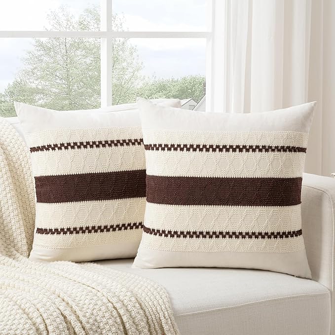 Fancy Homi Set of 1 Boho Brown Decorative Throw Pillow Cover 22x22 Inch for Couch Bed Sofa, Aesthetic Modern Organic Farmhouse Home Decor, Soft Cotton Cute Accent Macrame Woven Cushion Case