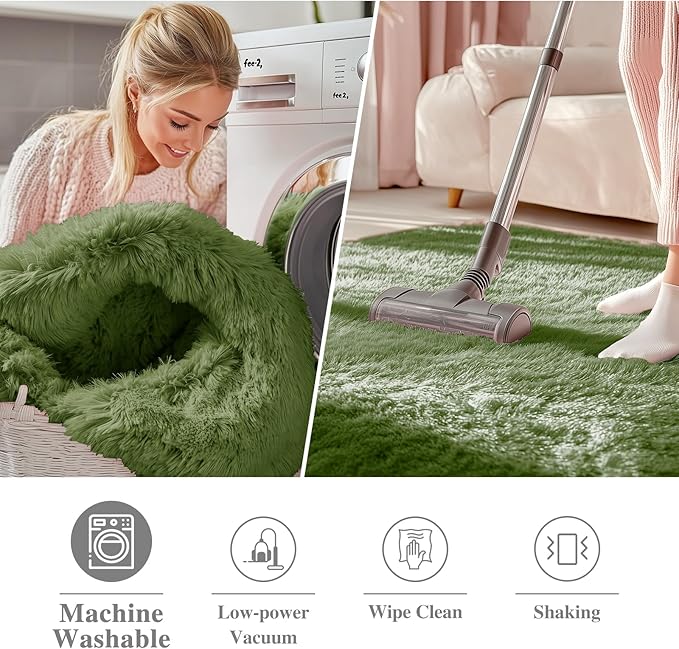 OLANLY Green Round Rugs for Bedroom - Machine Washable, 7 ft Circle Area Rugs for Living Room, Soft and Fluffy Shaggy Carpet for Teen Girl and Boys, Nursery Rooms, Dorms, Home Decor Aesthetic