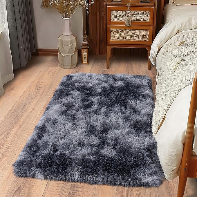 Ultra Soft Runner Rugs for Bedroom Hallways with Upgraded Non-Slip Rubber Backing & Thick Memory Sponge, 2x3 Feet Fluffy Shag Throw Area Rug for Bedside Dorm Tie-dye Dark Grey