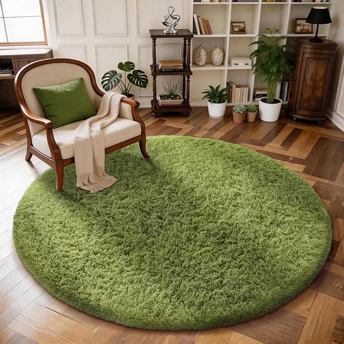 Ophanie Green Round Rug 5Ft Circle Area Rug, Green Room Decor, Fluffy Fuzzy Bedroom Carpet, Plush Soft Shaggy Living Room Rugs for Kids Home Decor Aesthetic, Nursery