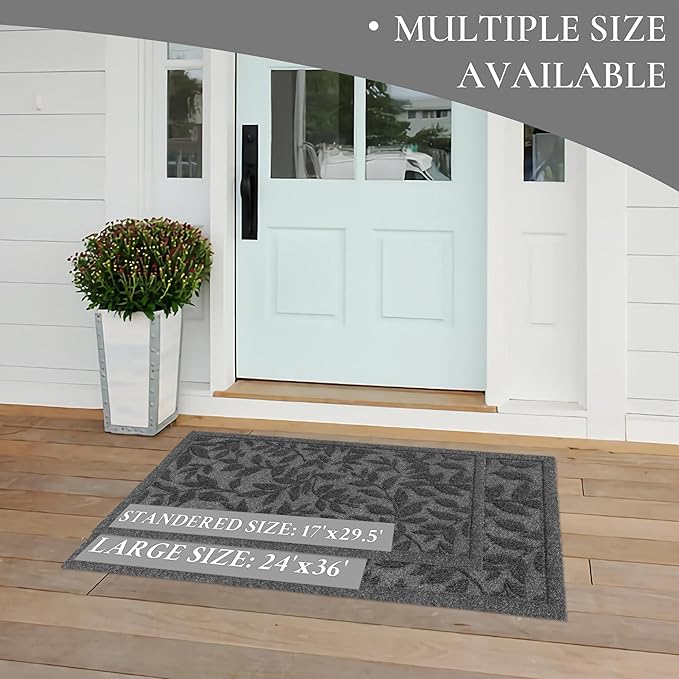 Grey Leaves Outdoor Indoor Entrance Doormats, Absorbent Durable Heavy Duty Welcome Front Door Mat,Thick Natural Rubber Back,Easy Clean Entryway Mat 17x30 Inch, Low Profile