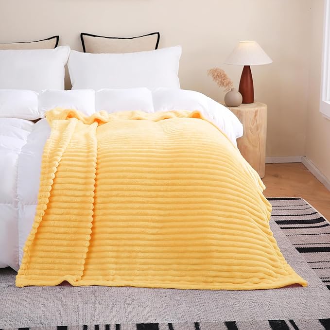 Light Yellow Fleece Throw Blanket 50”×60” for Couch Sofa Bed,Super Soft Cozy Plush Microfiber Flannel Blanket with Stripes Design Lightweight for Adults Woman Girls