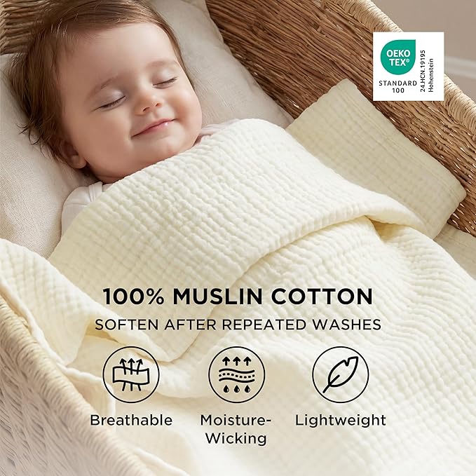 Bedsure 100% Cotton Muslin Throw Blanket Twin XL for Bed - 4-Layer Breathable and Lightweight Thin Soft Summer Gauze Muslin Blankets for Adults, Cream, 66x90 Inches
