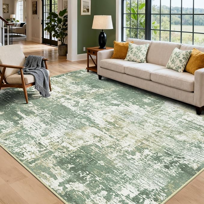 Washable Area Rugs 6'x9' Non-Slip Modern Abstract Soft for Living Room Entryway Bedroom Nursery, Print Pattern, Light Green/Yellow