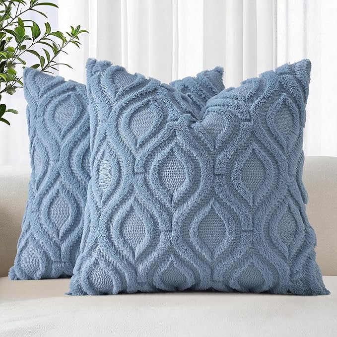 decorUhome Throw Pillow Covers 16x16 Inch Set of 2, Soft Plush Faux Wool Dusty Blue Solid Couch Pillow Covers, Accent Farmhouse Neutral Square Pillow Cases for Sofa Bed Living Room