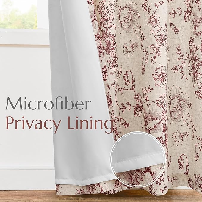 jinchan Lined Linen Blend Curtain Floral Curtains for Living Room 96 Inches Long Farmhouse Red Flower Printed Curtain Rod Pocket Back Tab Peony Patterned Drapes Curtains Set 2 Panels