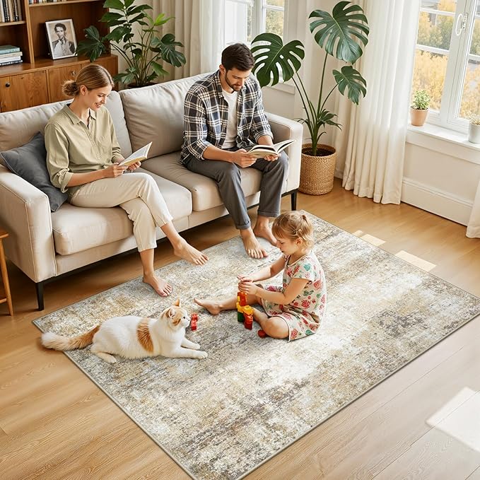 Washable Area Rugs 4'x6' Non-Slip Modern Abstract Soft for Living Room Entryway Bedroom Nursery, Print Pattern, Neutral Brown Gray