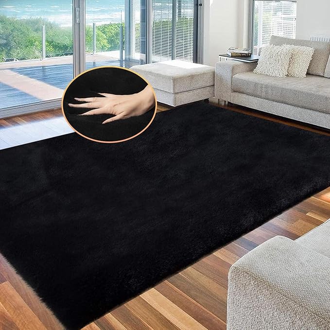 ORINOVA Black Washable Area Rugs 6x9 Rugs for Living Room Faux Rabbit Fuzzy Fur Rug for Bedroom Nursery Rugs Room Décor